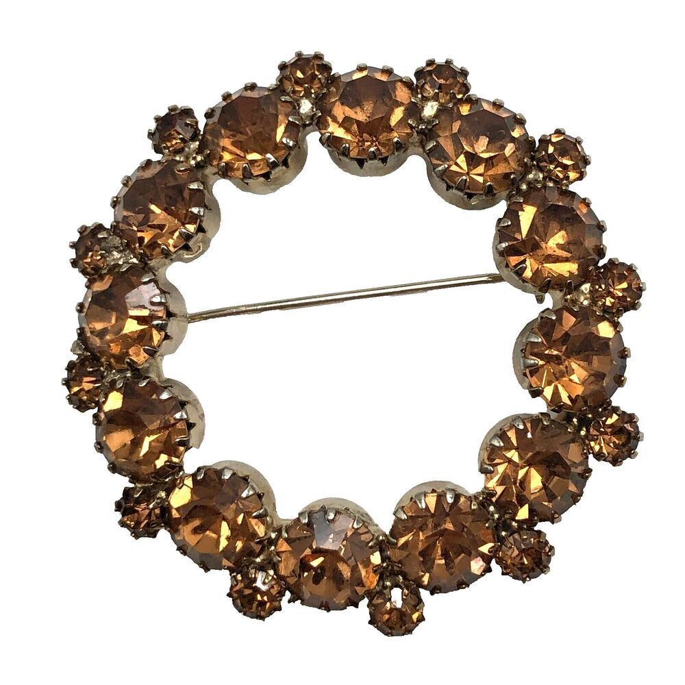 Vintage Cognac Glass Rhinestone Wreath Brooch Pin Costume